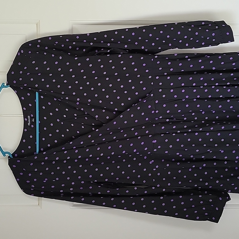 Madewell womens Black faux wrap midi dress With Purple polka dots sz S